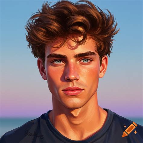 Painted portrait of a young man with brown curly hair and brown eyes ...