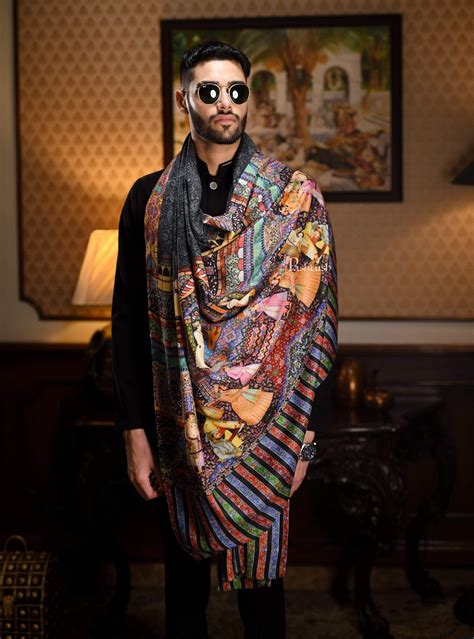 Pashtush Mens Mughal Darbar Printed Stole, 100% Pure, Woolmark Certifi ...