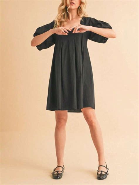 Womens Casual Babydoll Chic Puff Sleeve Square Neck Mini Dress Black ...