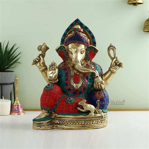 Buy CraftVatika Large Ganesha Statue Idol Brass with Turquoise Ganesh ...