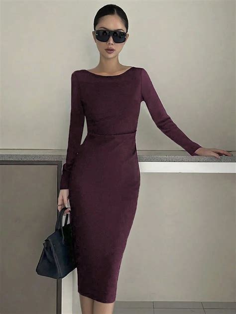 DAZY Women's Elegant Bodycon High Slit Midi Dress, Solid Color, Fitted ...