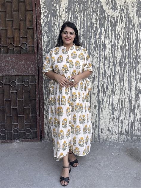 White Yellow Mughal Hand Block Printed High Low Long Shirt Kaftan ...