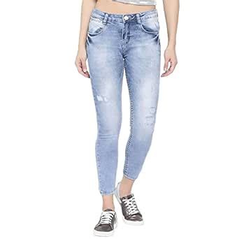 Buy ZHEIA Women Blue Skinny Fit Crop Mid-Rise Low Distress Stretchable ...