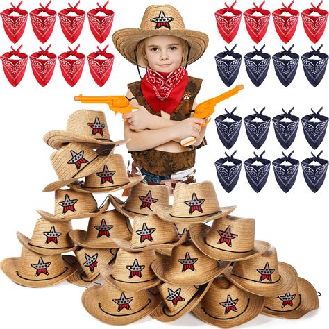 Buy 48 Pieces Child Straw Cowboy Hats and Cowboy Bandannas Set ...