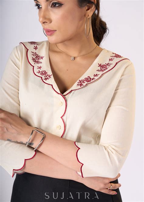 Classy Off-white cotton top with maroon embroidery & scallops detailin ...