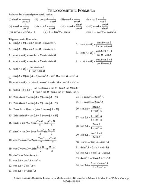 Image result for All Trig Formulas