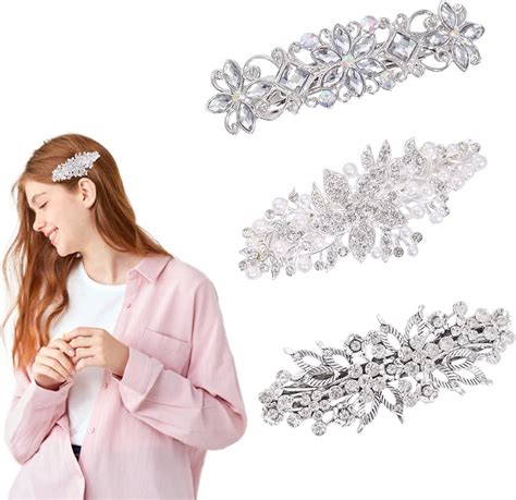3Pcs Rhinestone Silver Hair Clips, Diamante Hair Clips for Women, Pearl ...