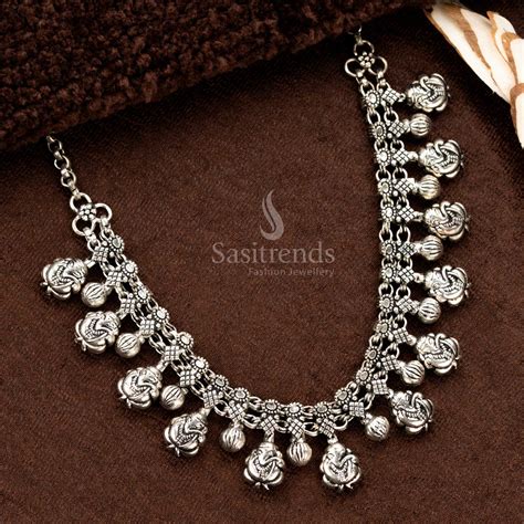 Oxidised Ganesha Necklace – Antique German Silver Chain - Sasitrends