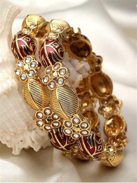 Karatcart Set of 2 Gold Plated Red Meena Floral Bangles for Women