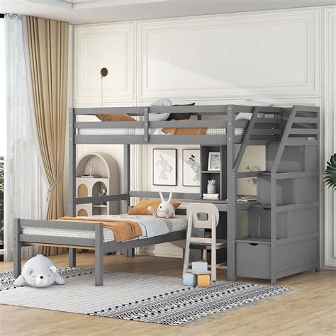Amazon.com: Bellemave Loft Bed with Desk and Stairs Twin Over Twin Bunk Bed with Storage Drawers ...