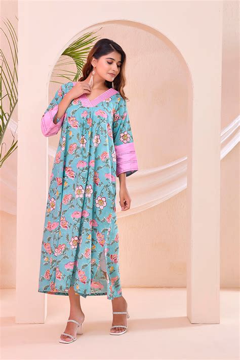 Cyan Blue Pink Floral Block Print Kaftan Style Nighty Dress ...