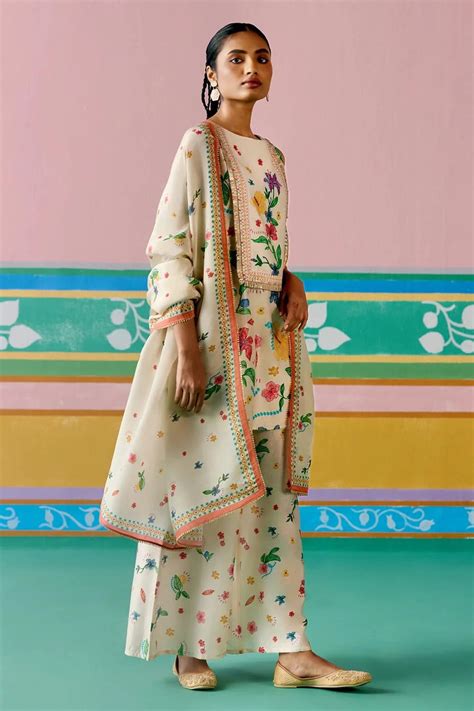 Ecru Floral Sleeveless Kurta Set With Dupatta