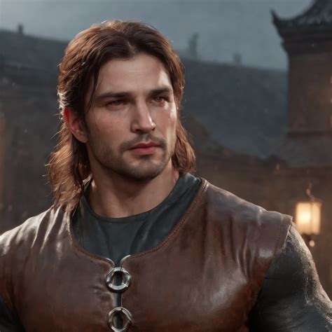 A man in a brown leather jacket standing in front of a building - SeaArt AI