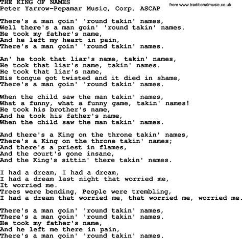 Peter, Paul and Mary song: The King Of Names, lyrics