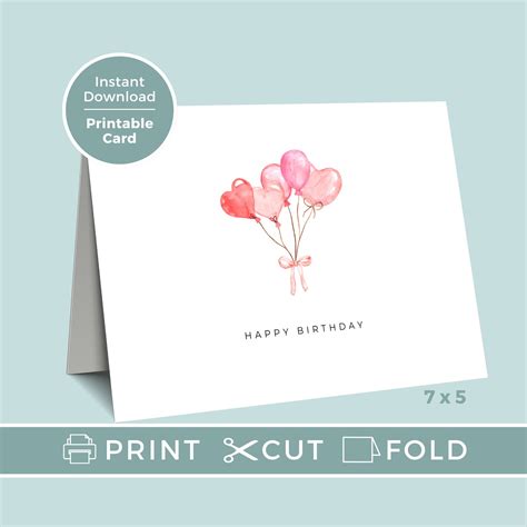 Happy Birthday Card Printable, Balloon Birthday Card Digital Download, Print at Home BC0002 - Etsy