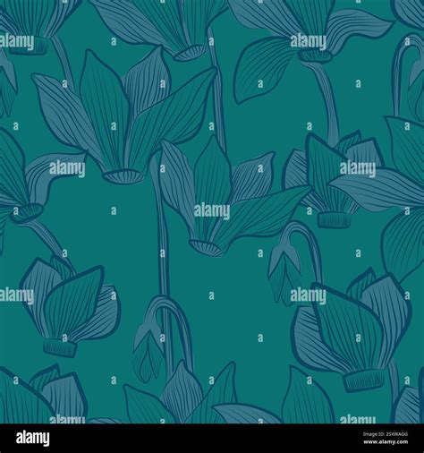 Flowers stylized teal, Cyclamen green Spring line art illustration ...