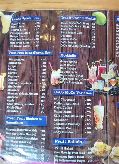 Menu at CoCo MoCo, Café, Mavelikara