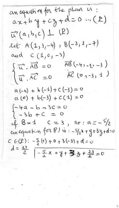 An implicit equation for the plane passing through the points (1,3,−4 ...