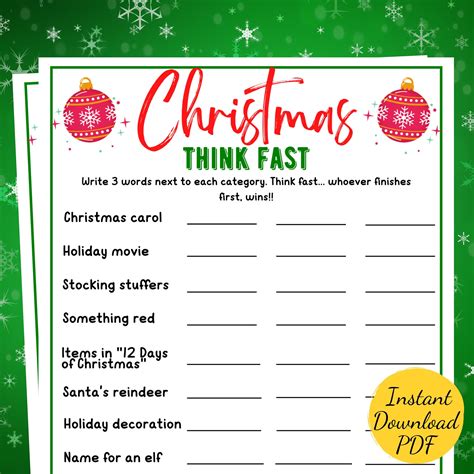 THINK FAST Christmas Game: Printable Holiday Party Activity (PDF ...