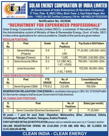 SECI Experienced Professionals Recruitment 2026 - Apply Online for 19 Posts