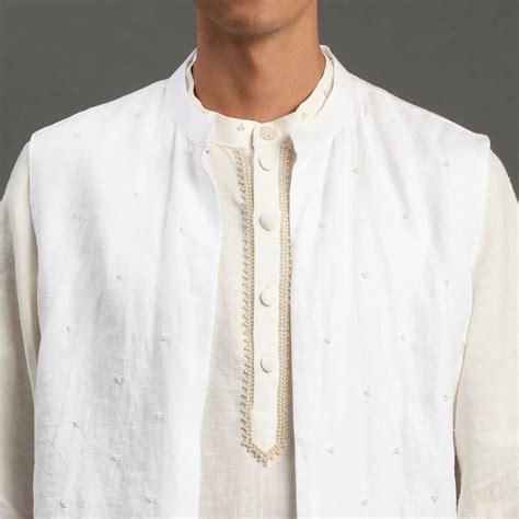 White Linen Kurta Set with Pearl Embroidery & Jacket for Men – BYB PREMIUM