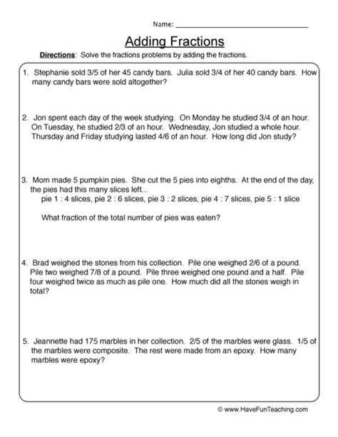 Addition Simple Word Problems On Fractions Worksheet 的图像结果