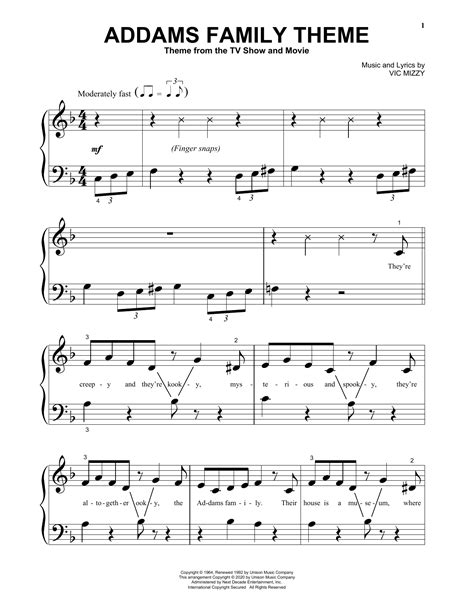 Addams Family Theme by Vic Mizzy Sheet Music for Beginning Piano Solo ...