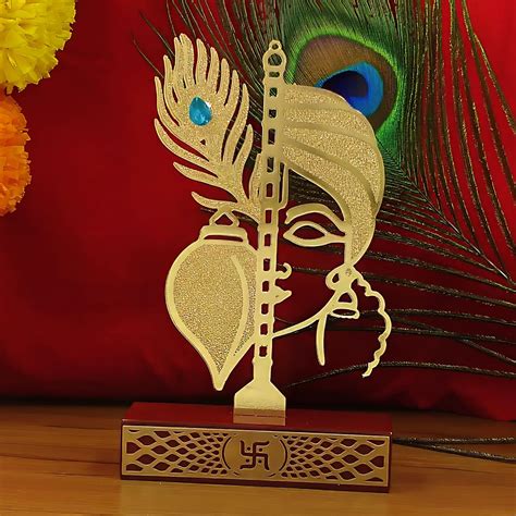 Buy Gold Plated Lord Krishna Flute, Face, and Peacock Feather Brass ...