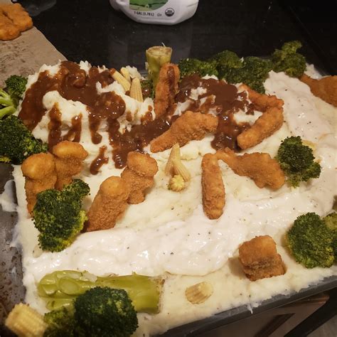 I made the dino nugget, mashed potato, gravy volcano/river thing. : r ...