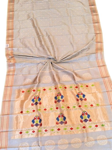 Grey maharani silk paithani saree – OnlyPaithani