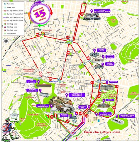 Athens map attractions - Athens city centre tourist map (Greece)