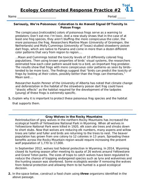Ecology Constructed Response Practice - Blank Fillable Template | Fill ...