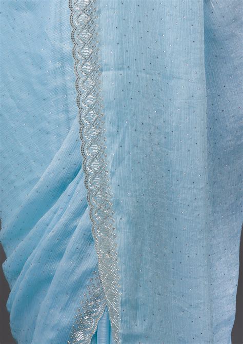 Buy Sky Blue Stonework Chiffon Saree - Koskii
