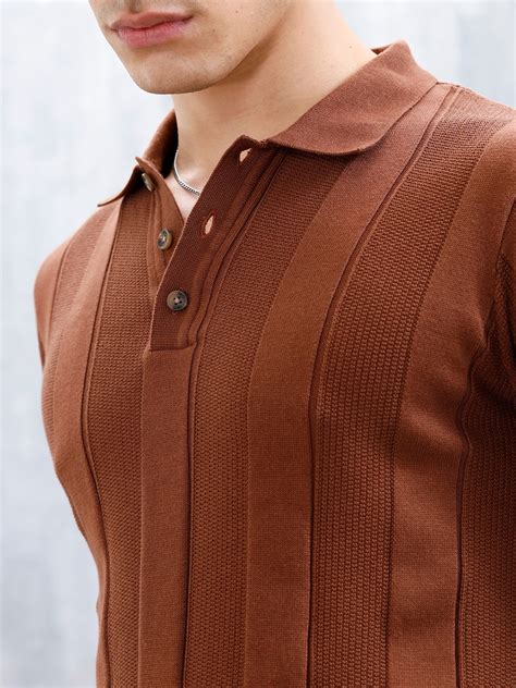 Classic Flat Knit Textured Polo T-Shirt For Men | Brown – Wrogn