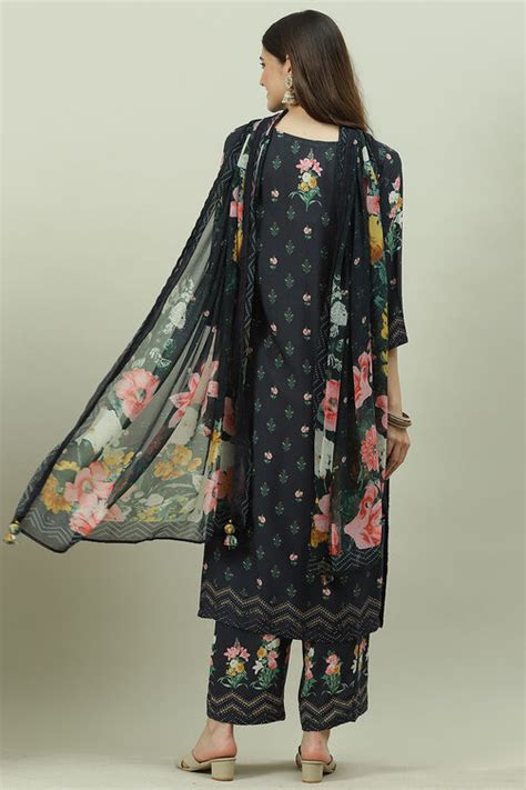 Black Rayon Printed Straight Pant Kurta Palazzo Suit Set at Biba India