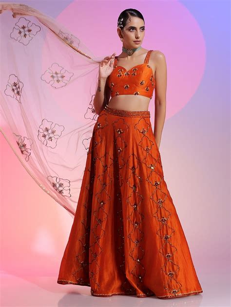 Buy Orange Sequins Work Cotton Silk Lehenga Set- Set of 3 | Iris/KUDI1 ...