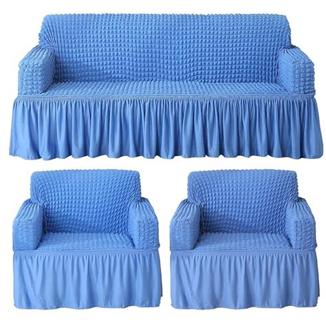 HOKIPO Elastic Stretchable Bubble Frill Sofa Cover 5 Seater, Sky Blue ...