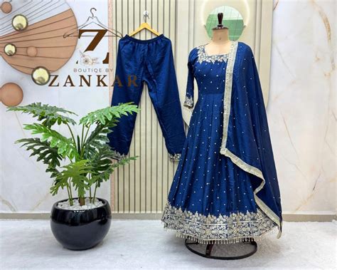 Buy Blue Anarkali Gown Dupatta 3pc Set Squareneck Gown Wedding Gown ...