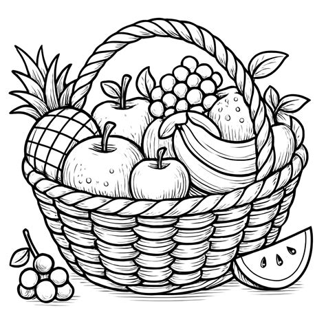 Fruit Basket Ink Drawing in a Simplified Artistic Style | Basket drawing, Coloring pages, Fruit ...