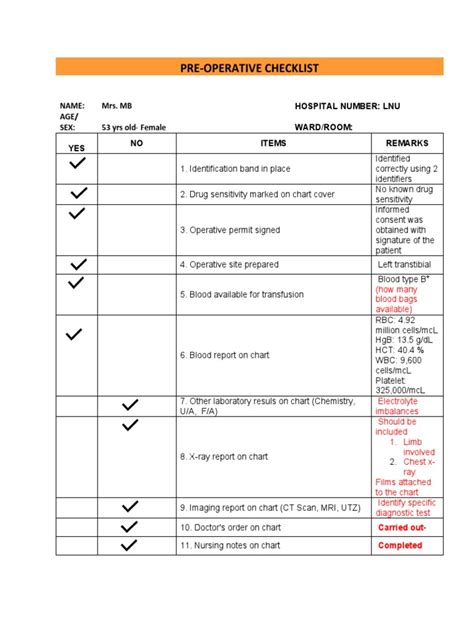 Image result for Pre-Op Assessment Checklist