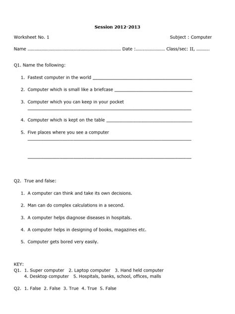 Computer Worksheet for Class 2 的图像结果