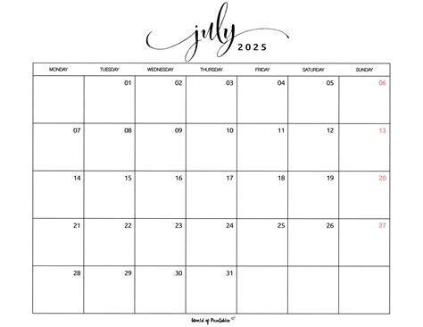 Printable July 2025 Calendar