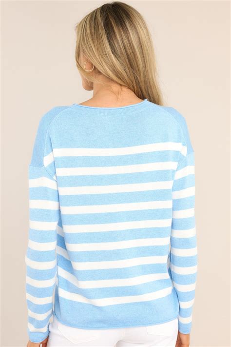 Cozy Sky Blue & White Striped Sweater - All Sweaters | Red Dress