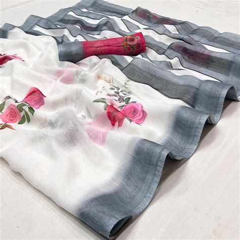 White Digital Printed Linen Saree