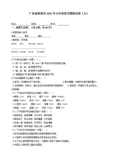 六年级语文下册试题 广东省深圳市2020-2021学年小升初语文模拟试卷（九）（含答案）部编版-教习网|试卷下载