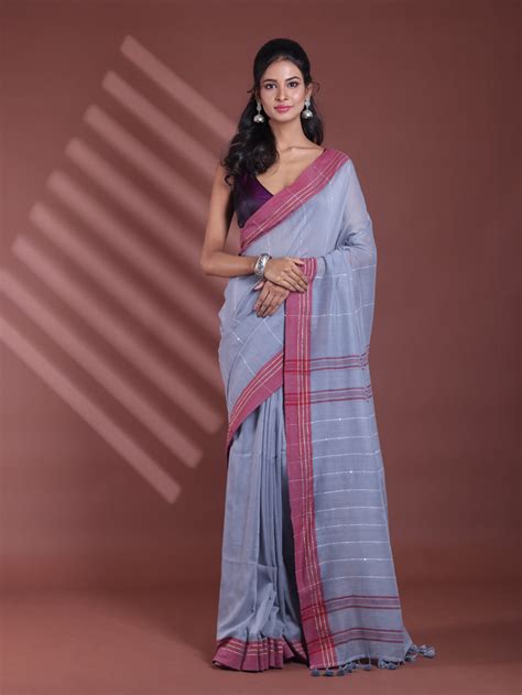 Grey Stripe Pattern Pure Cotton Soft Saree With Contrast Border ...