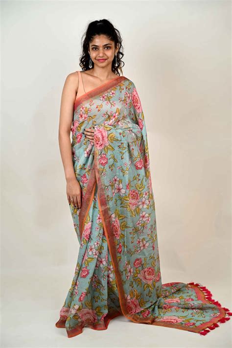 Light Blue Linen Saree with Pink Flowers – madhurya.com