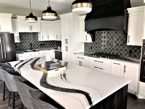 Black and White Kitchen Design with Marble Countertops and Black Appliances