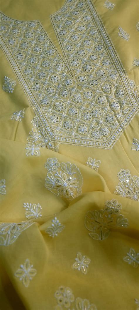 Chikankari Soft Cotton Embellished Dress Material 3 pc - Yellow ...