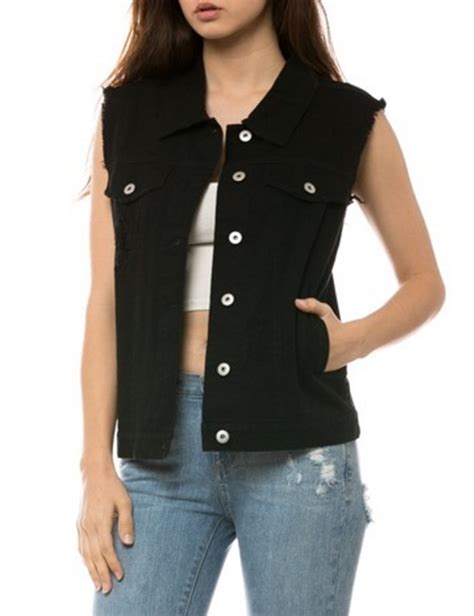 Womens Loose Fit Trucker Distressed Denim Vest - KOGMO